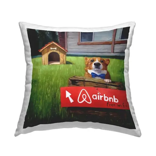 Stupell Industries Doghouse Rental Bowtie Humorous Backyard Corgi Throw Pillow, 18" x 18" {1}
