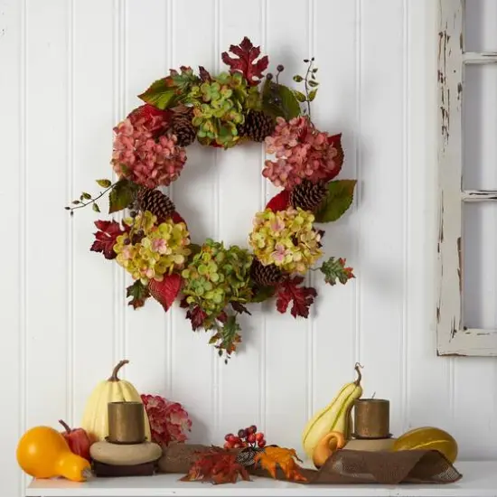25" Hydrangea & Pinecones Fall Artificial Wreath {5}