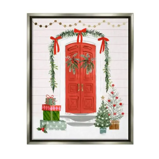 Stupell Industries Red Jolly Christmas Doorway Gold Framed Floater Canvas Wall Art Gray {1}