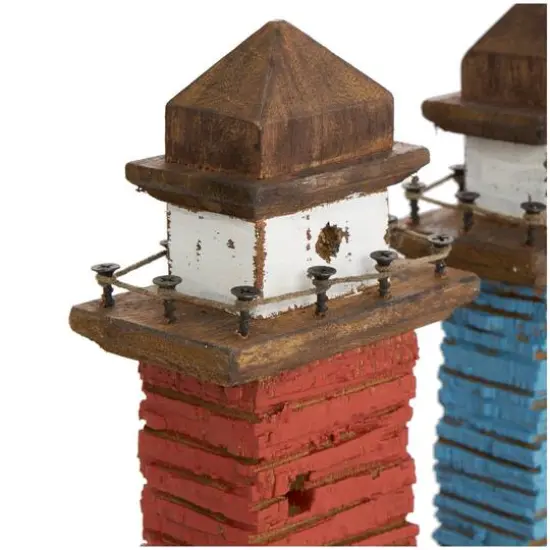 10" Red & Blue Wood Light Housee Sculpture Set {7}