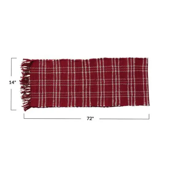 Hello Honey&reg; 72" Red & White Plaid Hand-Woven Cotton Chindi Table Runner with Fringe {5}