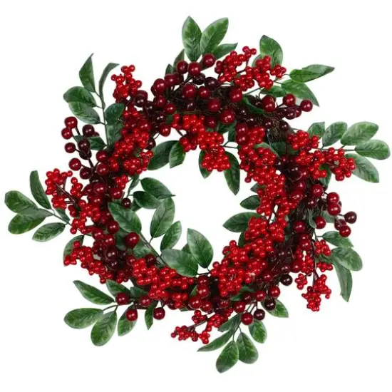 18" Red Berries & Two-Tone Green Leaves Artificial Wreath, Unlit {5}