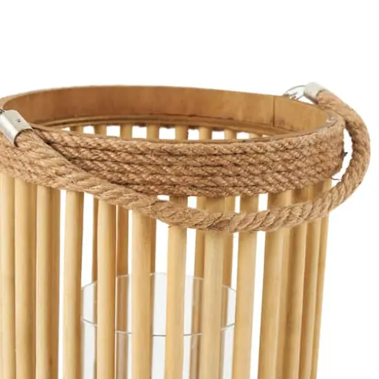 13" Brown Bamboo Handmade Open Framed Caged Candle Lantern with Rope Handle {7}