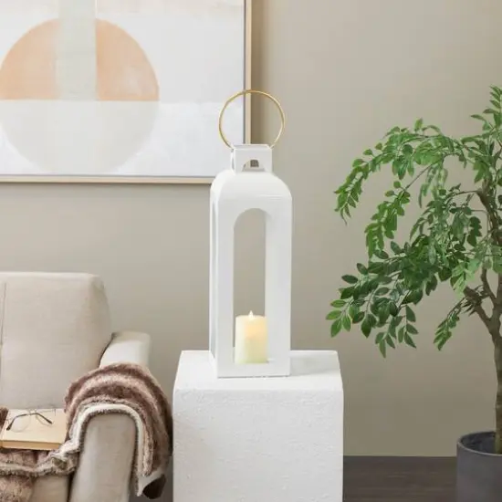 27" White Metal Arched Cutout Candle Lantern {3}