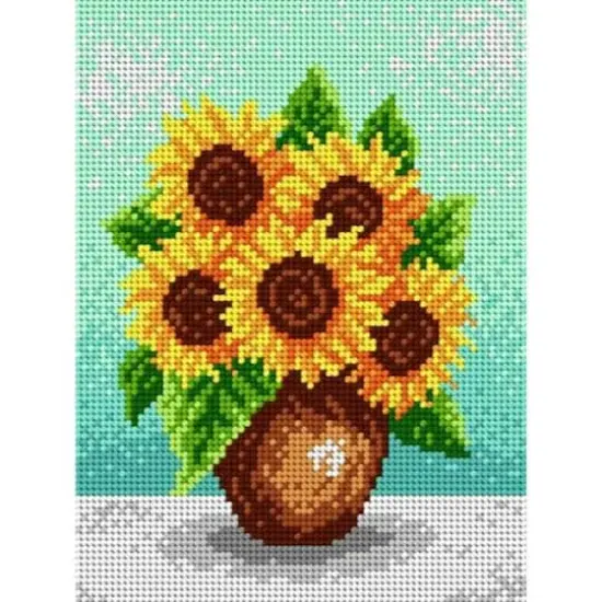 Orchidea Needlepoint Canvas For Halfstitch Without Yarn Sunflowers In A Brown Vase - Printed Tapestry Canvas {1}