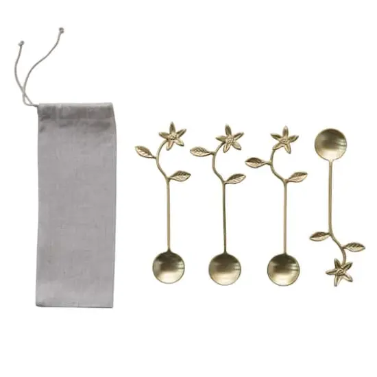 Hello Honey&reg; 5.5" Stainless Steel & Brass Spoons with Flower Handles & Drawstring Bag {6}