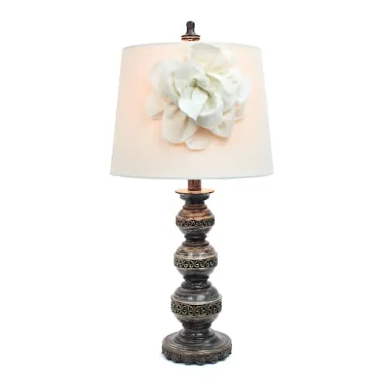 Elegant Designs Aged Bronze Stacked Ball Lamp with Linen Flower Shade {3}