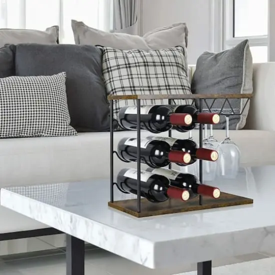 NEX™ 16.5" Dark Brown Countertop Wine Bottle & Glass Rack {7}