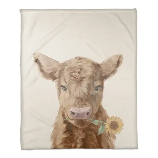 50" x 60" Baby Highland Cow Sunflower Coral Fleece Blanket {1}