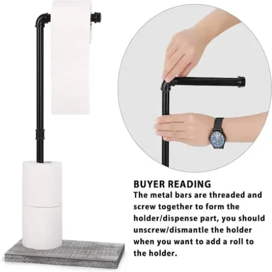 NEX&trade; Freestanding Iron Pipe Toilet Paper Holder with Solid Wood Base Gray white {6}