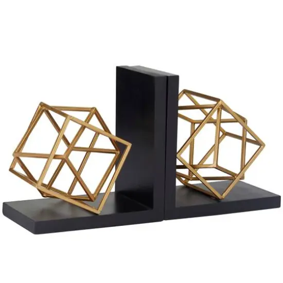 8" Gold Stainless Steel Overlapping Cube Geometric Bookends with Black Bases Set {3}