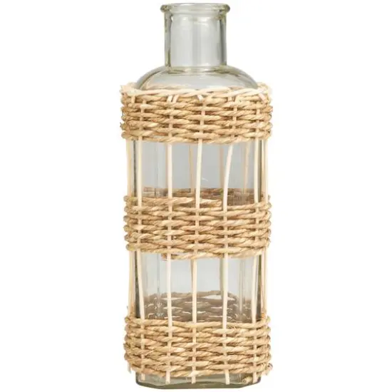 13" Clear Glass Handmade Vase with Light Brown Rattan Woven Body {5}