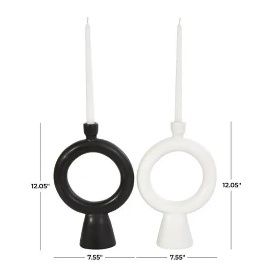 CosmoLiving by Cosmopolitan 12" Black & White Ceramic Geometric Ring Taper Candle Holder Set {13}