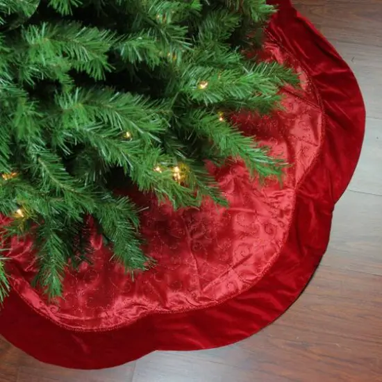 48" Red Glittered Swirl & Velveteen Trim Tree Skirt {4}