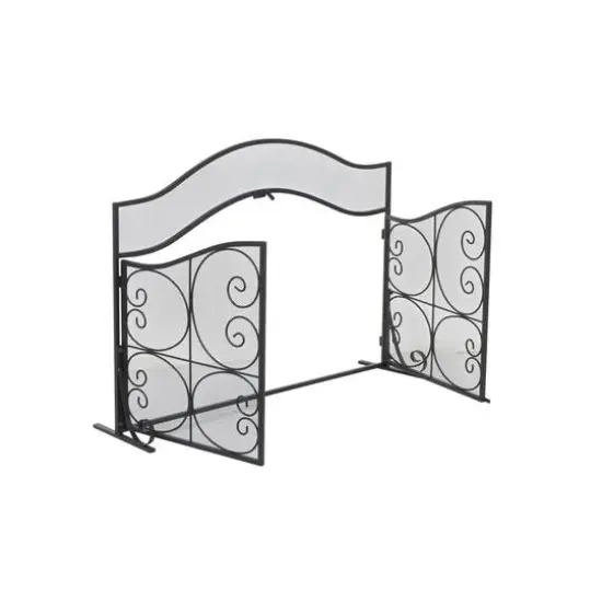 41" Black Metal Scroll Arched 1-Panel 2-Door Fireplace Screen with Mesh Backing {9}