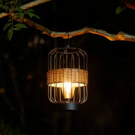 Glitzhome&reg; 11.75" Metal Wire Faux Rattan Solar Powered Outdoor Lantern {9}