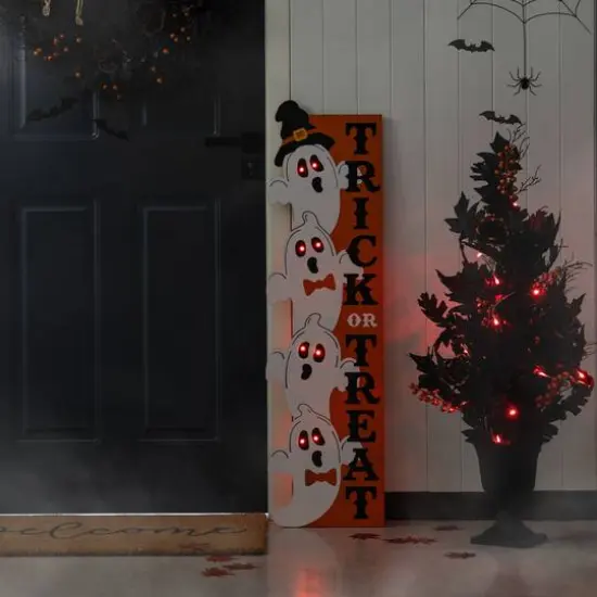 Glitzhome&reg; 42"H Lighted Halloween Wooden Stacked Ghost Porch Sign with Timer {4}