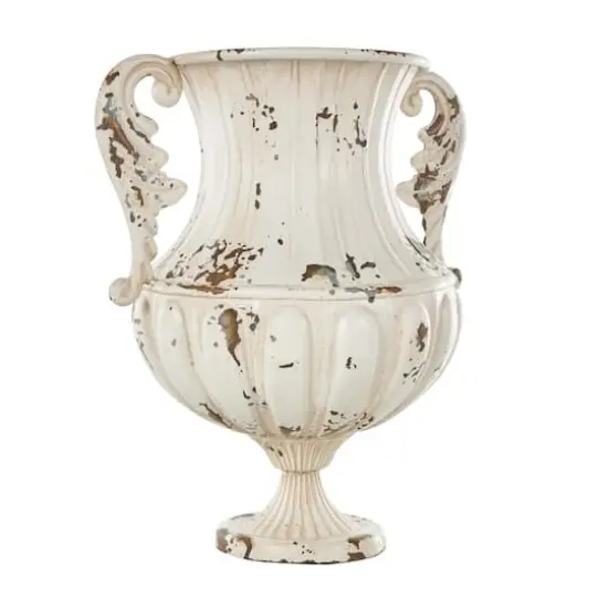 15.25" Cream Metal Vintage Amphora Vase with Brown & Teal Distressing {9}