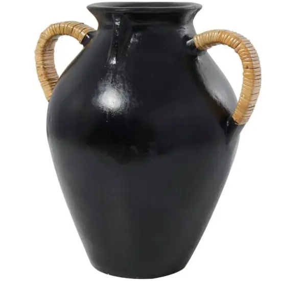 19" Black Ceramic Jug Vase with Rattan Wrapped Handles {3}