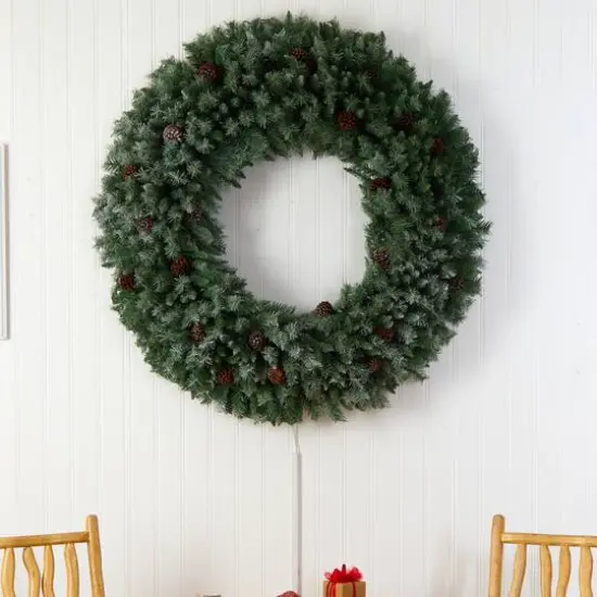 5ft. Clear LED Lights Flocked Artificial Christmas Wreath With Pinecones {6}