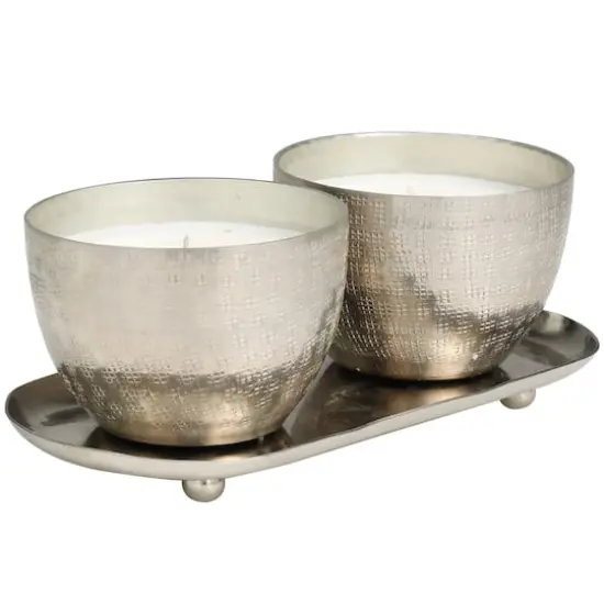 Campfire Scented Candles in Silver Grid Patterned Bowls Set {3}