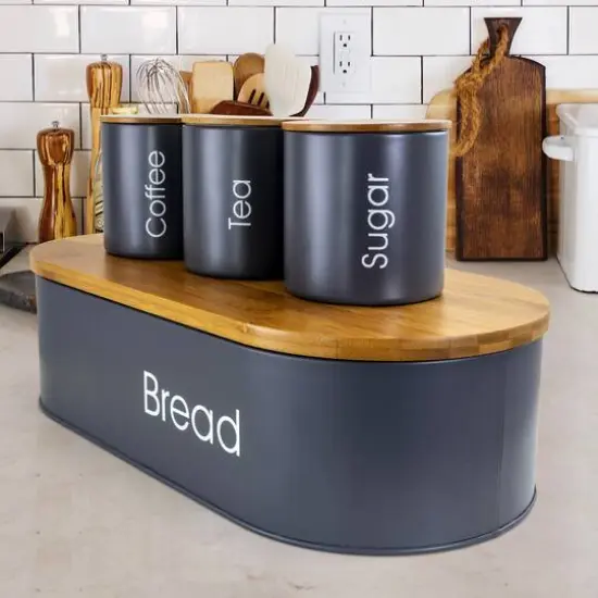 MegaChef Bamboo Kitchen Countertop Gray 4-Piece Metal Bread Basket & Canister Set {7}