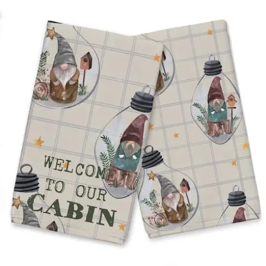 Welcome to our Cabin Cream and Gray Check Gnome Globe Pattern Tea Towel - Set of 2 {1}