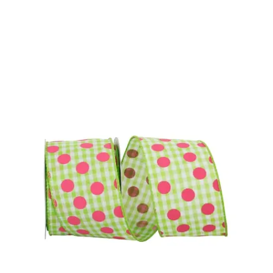 JAM Paper 2.5" x 10yd. Lime Dots & Fuchsia Gingham Check Wired Ribbon {1}