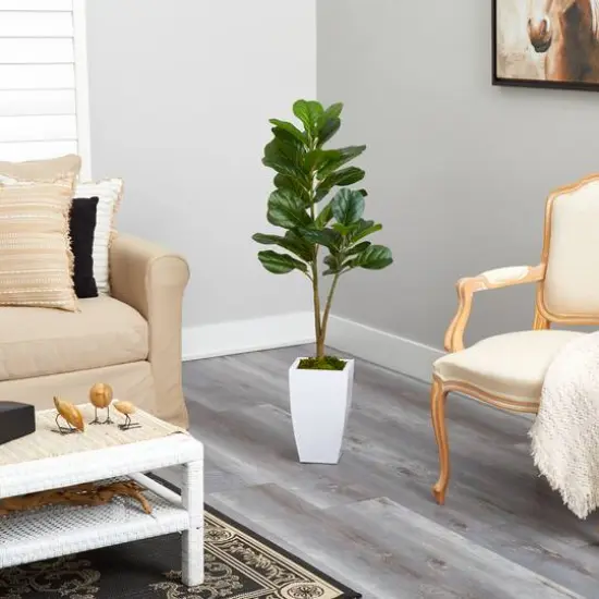 4ft. Fiddle Leaf Fig Tree in White Metal Planter {5}