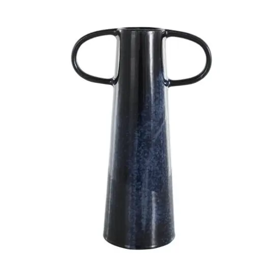 16" Dark Blue Ceramic Textured Cone Vase with Curved Handles {7}