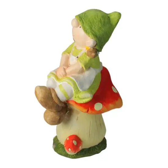 19.25" Young Girl Gnome Sitting on a Mushroom Spring Outdoor Garden Figure {3}