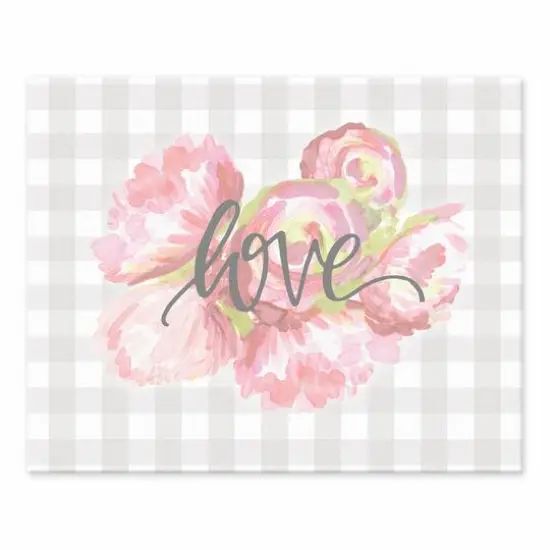 Love with Floral & Gray Plaid Tabletop Canvas Art {1}