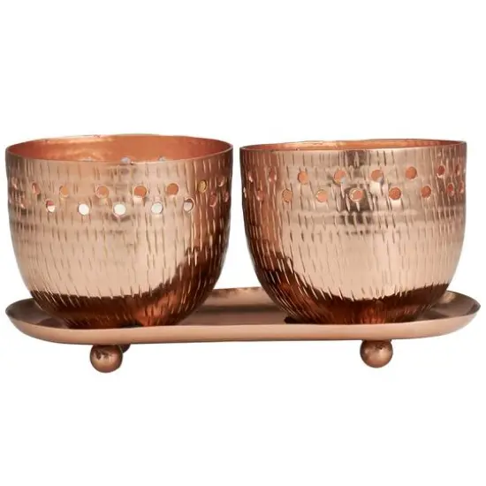 White Wax Sauvignon Blanc Scented Candle Set with Cutout Spotted Copper Container and Oval Holding Tray {6}