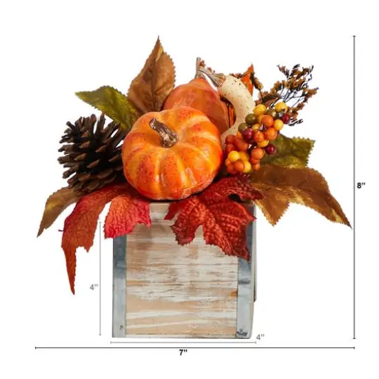 8" Pumpkin, Gourd, Berries & Pinecones Autumn Arrangement In Natural Washed Vase {3}