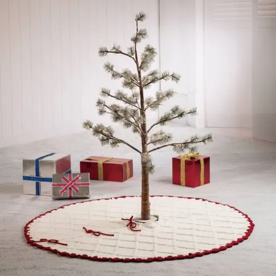 Glitzhome&reg; 52" Knitted White Christmas Tree Skirt with Red Trim & Pom Pom {3}