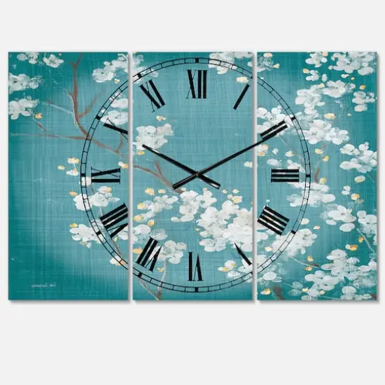 Designart Blue Cherry Blossoms I Lodge 3 Panel Wall Clock {1}