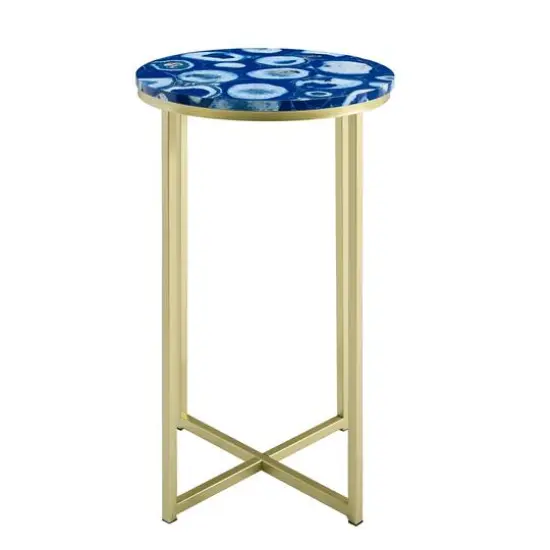 Walker Edison 16" Faux Stone Round Glam Side Table Faux Blue Agate/Gold {4}