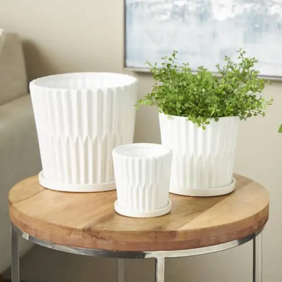 White Double Ribbed Textured Ceramic Planter Set {3}