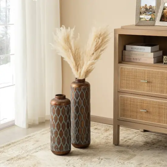 Glitzhome&reg; Antique Gold with Verdigris Finish Cylinder Metal Floor Vases Set {3}