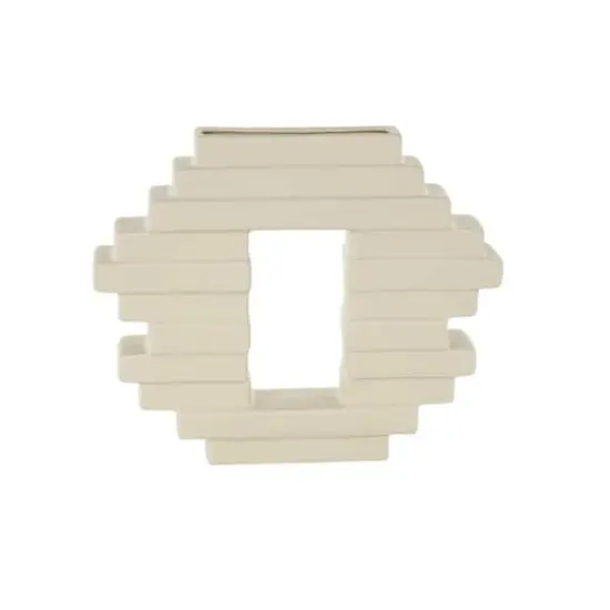 12" Cream Ceramic Abstract Decorative Vase with Rectangular Center Cutout {4}