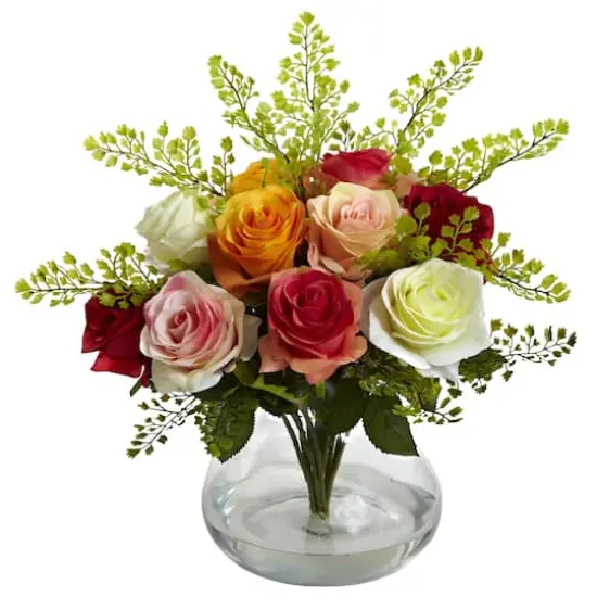 14" Mixed Rose & Maiden Hair Floral Arrangement with Vase {1}