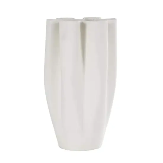 White Ceramic Abstract Ribbed Dimensional Folded Vase with Floral Shaped Rim {3}