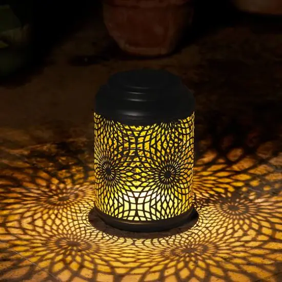 Glitzhome&reg; 9" Cutout Metal Solar Powered Outdoor Hanging Lantern Black/Gold {6}