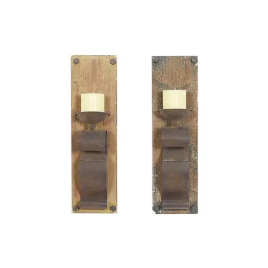 Set of 2 Brown Wood Rustic Wall Sconce, 6" x 19" {1}
