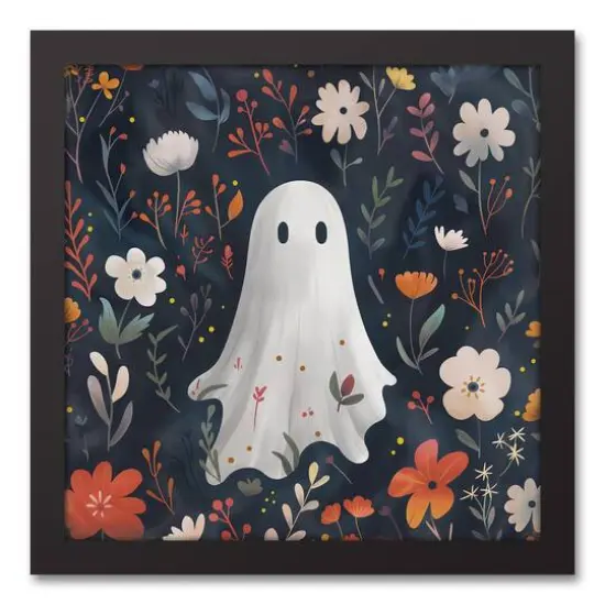 Cute Floral Ghost 13.73" x 13.73" Black Framed Canvas {1}