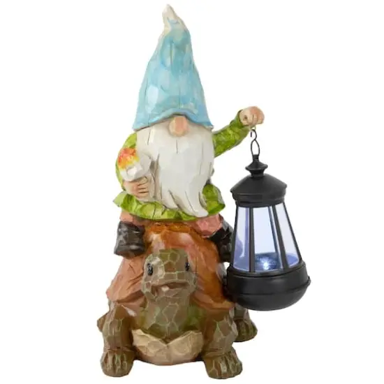 12.5" Solar LED-Lit Gnome & Turtle Outdoor Garden Statue {1}
