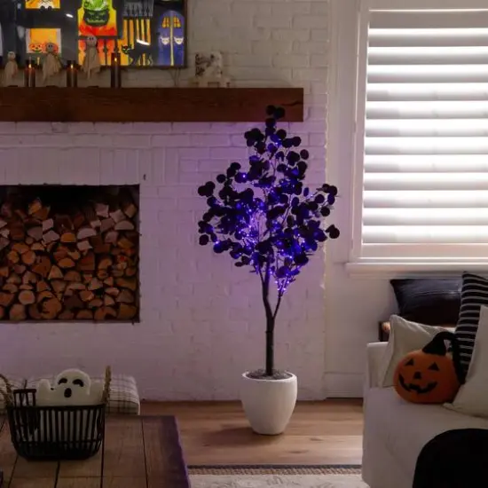 5ft. Pre-Lit Artificial Halloween Black Eucalyptus Tree with 220 Orange & Purple LED Lights {11}