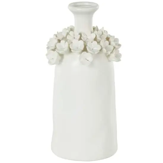 12" White Floral Narrow Opening Ceramic Decorative Vase {1}