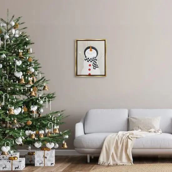 Stupell Industries Happy Smile Winter Snowman Framed Floater Canvas Wall Art Gold {3}