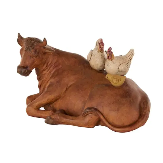 11.5" Copper Cow Decorative Sculpture with Sitting Roosters & Chicks {3}